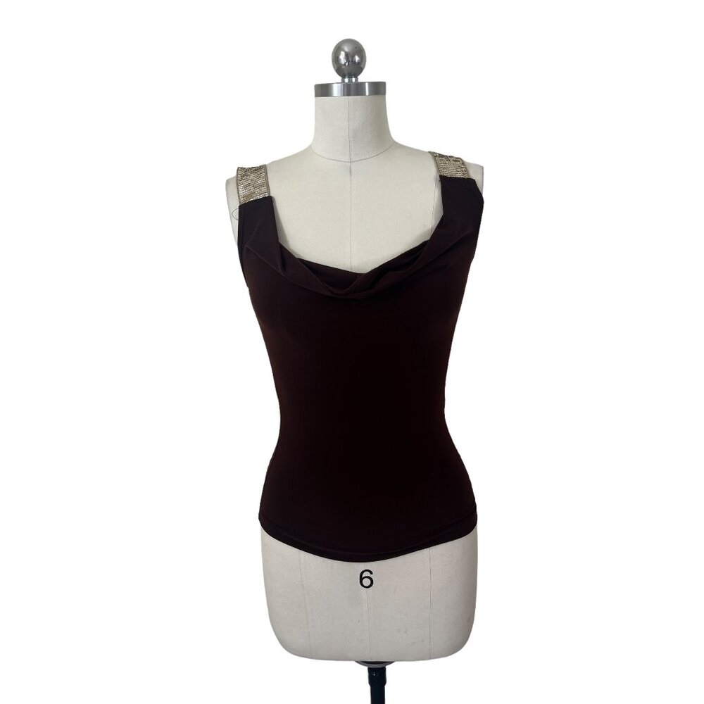 Estam Y2K Cami Top Womens Large Brown Gold Sequin Sleeveless Mobwife Glam Disco